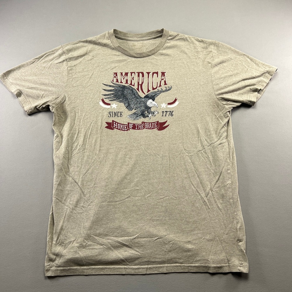 Mens L T Shirt Beige Home Of The Brave American Eagle Graphic Print Crew Neck